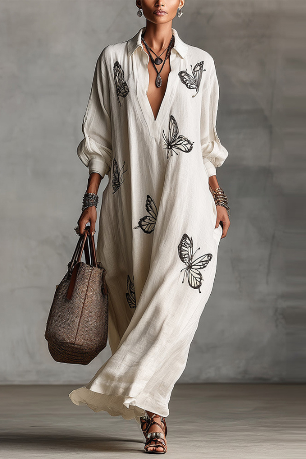 Butterfly Print V-Neck Long Sleeve Loose Casual Maxi Dress