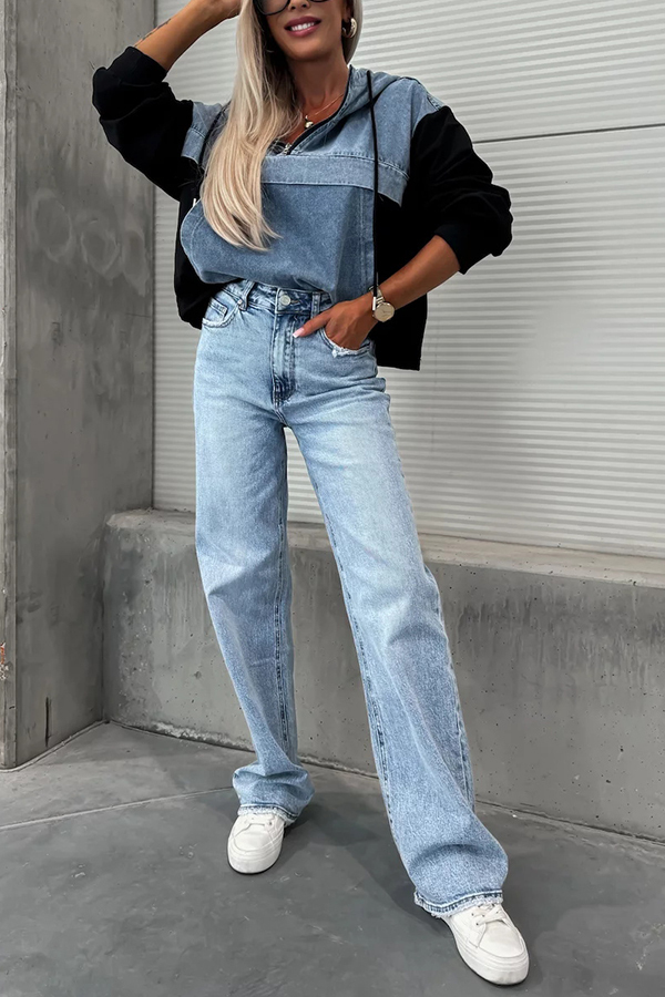 All The Time Denim Patchwork Soft Fabric Kangaroo Pocket Loose Hoodie-consonak