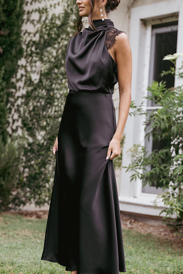 Touch of Allure Satin Drape High Neck Lace Detail Maxi Dress
