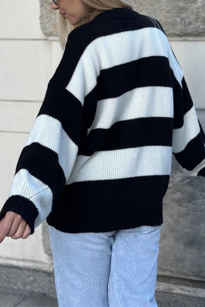 Casual V-neck Long-sleeved Striped Pocket Knitted Cardigan-consonak