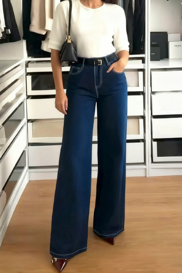 Stylish High-waisted Pocket Casual Straight-leg Wide-leg Jeans-consonak
