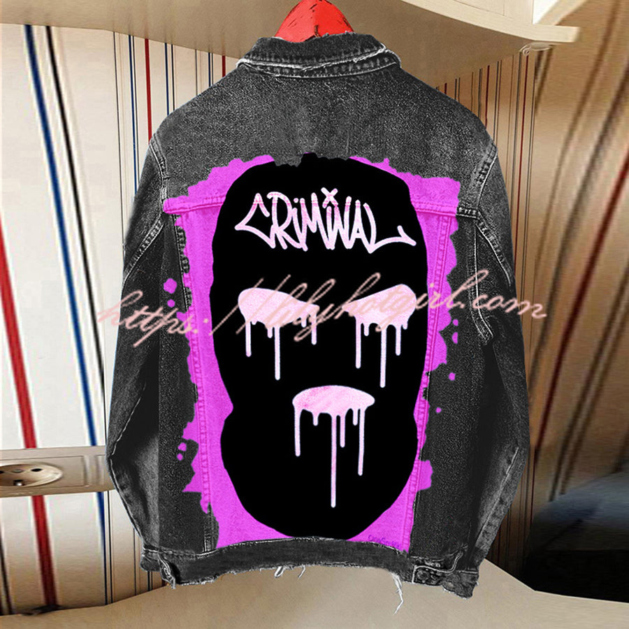 Halloween Print Long Sleeve Denim Jacket-consonak
