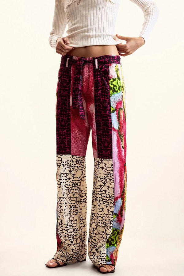 Fashion Patchwork-style Print Mid Rise Elastic Waist Pocket Straight Drape Pants