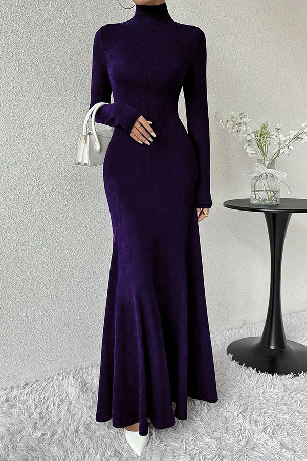 Solid Color High-neck Long-sleeved Slim-fit Fishtail Elegant Maxi Dress-consonak