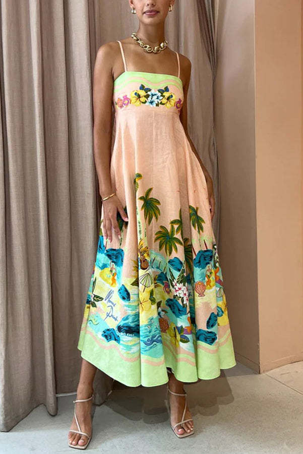 Coconut Scenery Linen Blend Tropical Print Smocked Back Midi Dress-consonak