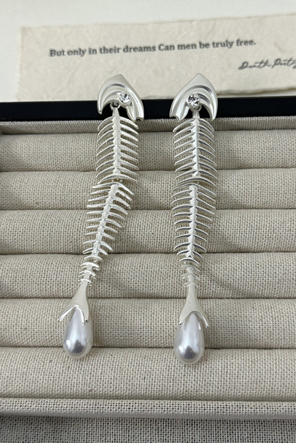 Personalized Fishbone Diamond Pearl Pendant Earrings-consonak