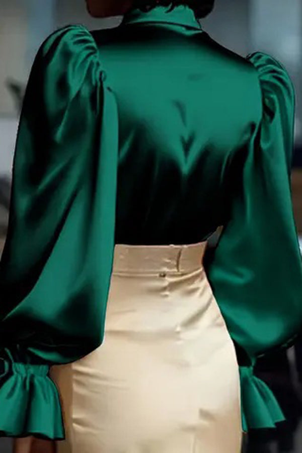 Solid Color Satin Puff Sleeve Casual Button-down Shirt-consonak