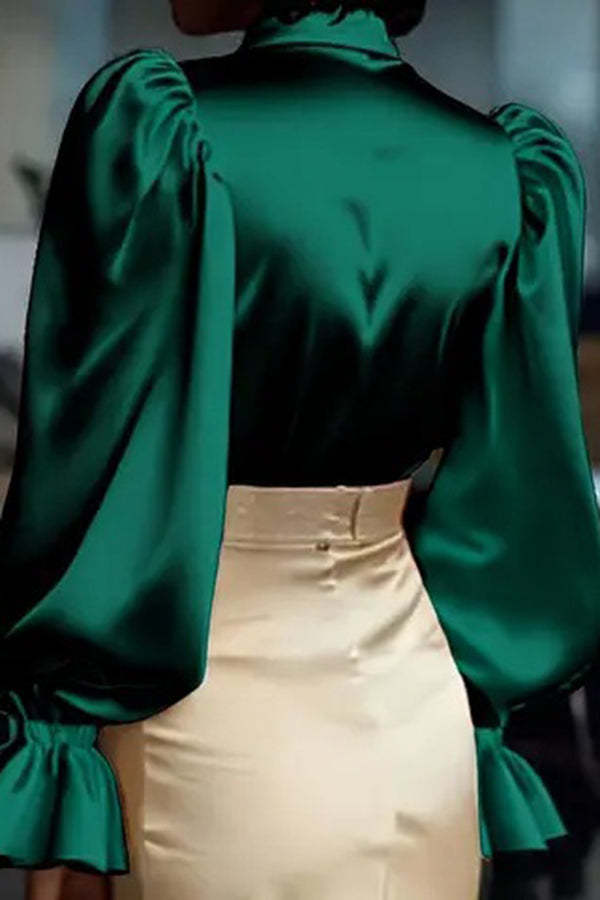 Solid Color Satin Puff Sleeve Casual Button-down Shirt-consonak