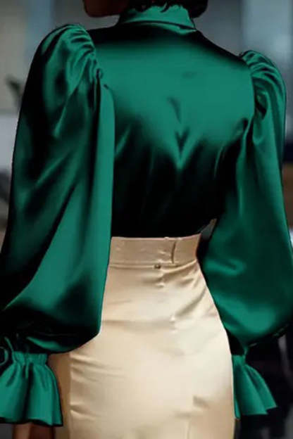 Solid Color Satin Puff Sleeve Casual Button-down Shirt-consonak