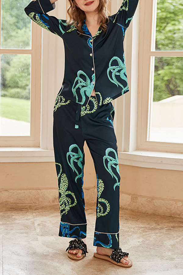 Black Octopus Print Home Long-sleeved Two-piece Set | Consonak