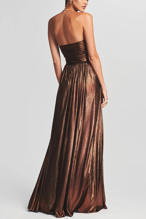 Goddess Temperament Metallic Pleated Fabric Off Shoulder Slit Maxi Dress-consonak