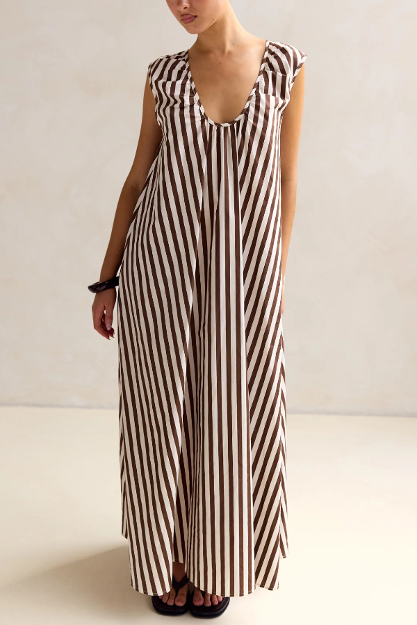 Striped Polka Dot Print Loose Sleeveless Casual Vacation Maxi Dress-consonak