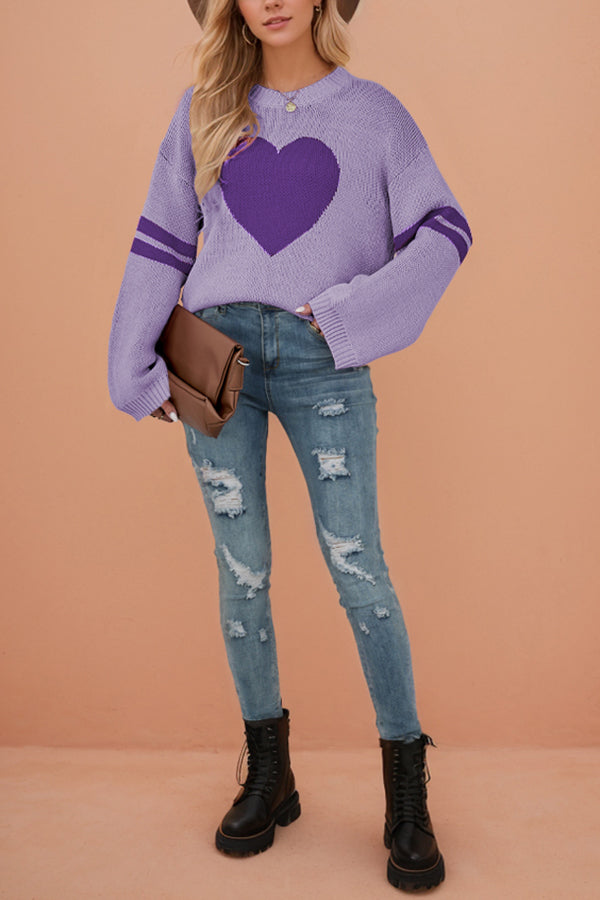 Fashionable Heart-shaped Jacquard Long-sleeved Loose Knit Sweater-consonak