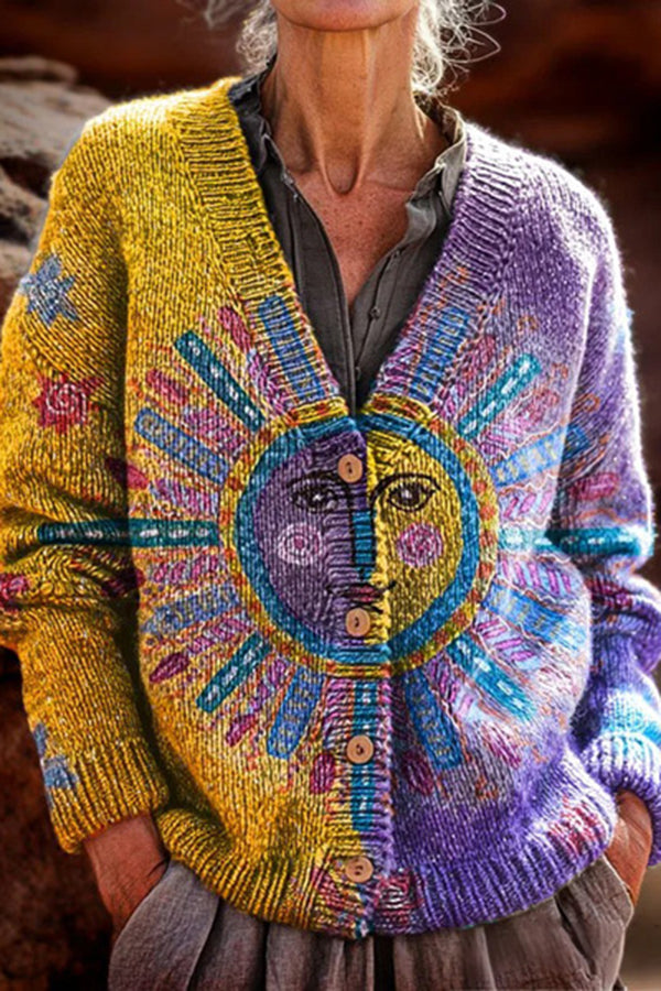 Unique Print V-Neck Long Sleeve Casual Knit Cardigan-consonak