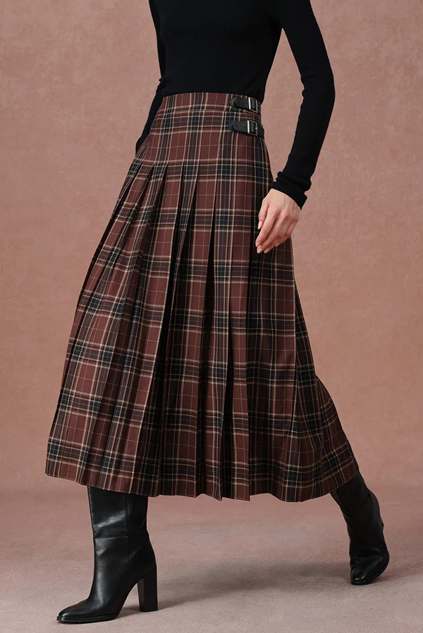 Yehudit Plaid Belt Buckle Design High Rise Pocket Midi Umbrella Skirt-consonak