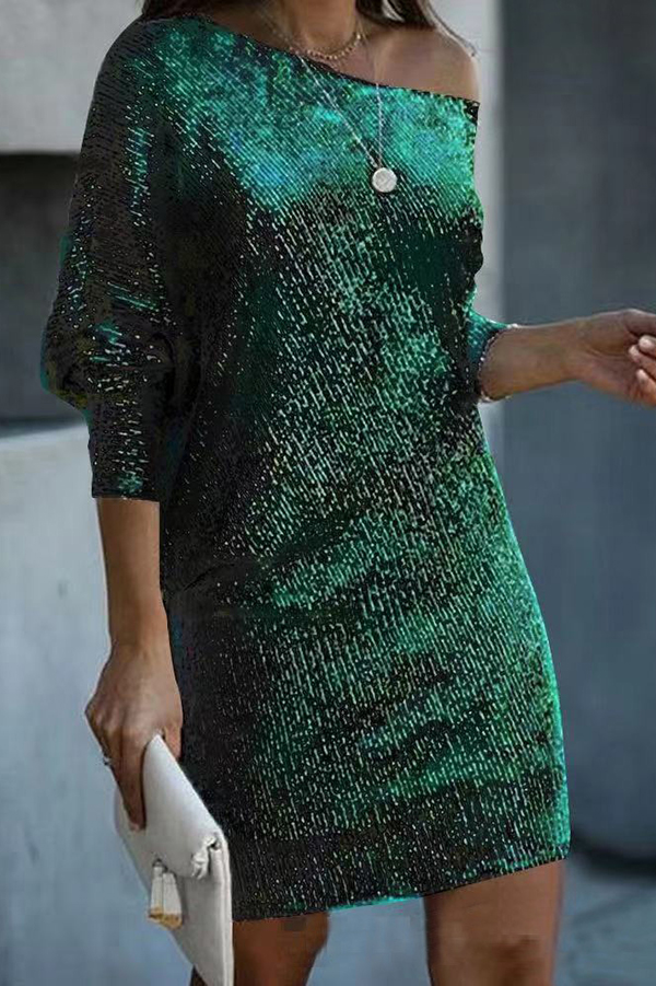 Solid Sequined Off-shoulder Loose Mini Dress | Consonak