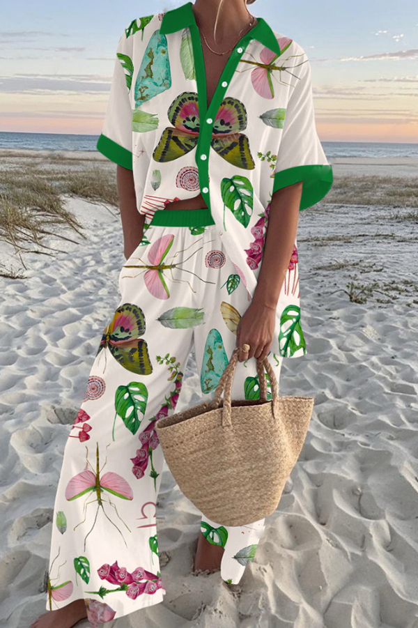 Butterfly Print Oversized Shirt and Elastic Waist Pocket Pants Set-consonak