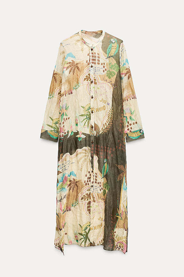 Cayla Linen Blend Unique Print Button Long Sleeve Shirt Midi Dress-consonak
