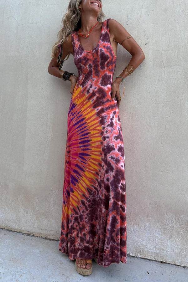 Boho Happiness Tie-dye Print Back Lace-up Stretch Maxi Dress-consonak