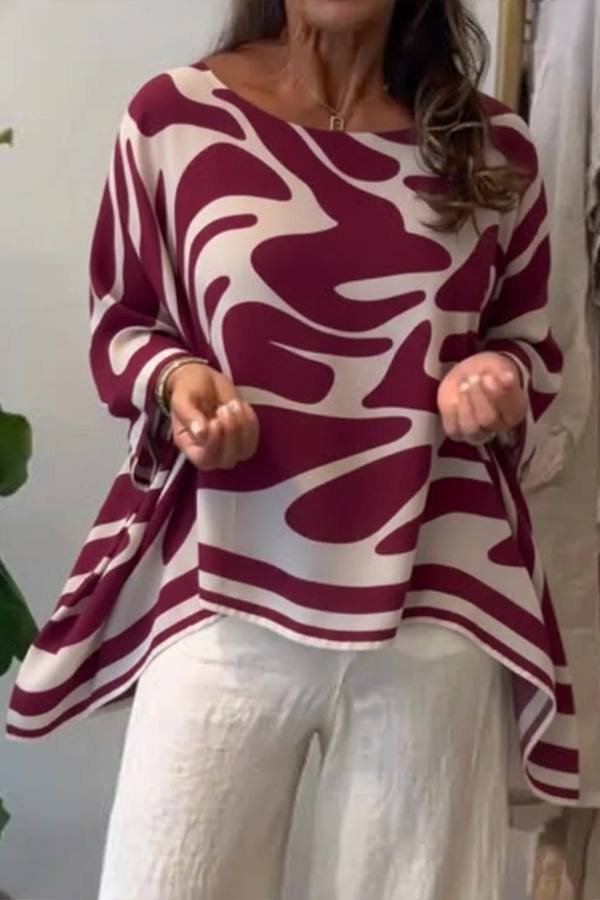 Irregular Print Round Neck Batwing Sleeve Chiffon Loose Top