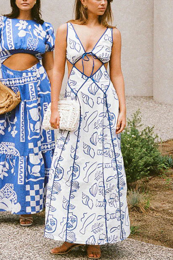Love The Coastline Linen Blend Unique Print Cutout Tie-up Backless Maxi Dress-consonak
