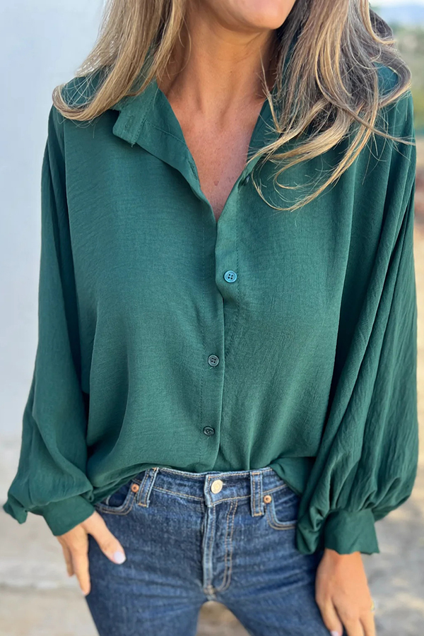 Solid Color Loose Batwing Sleeve Buttoned Casual Shirt-consonak