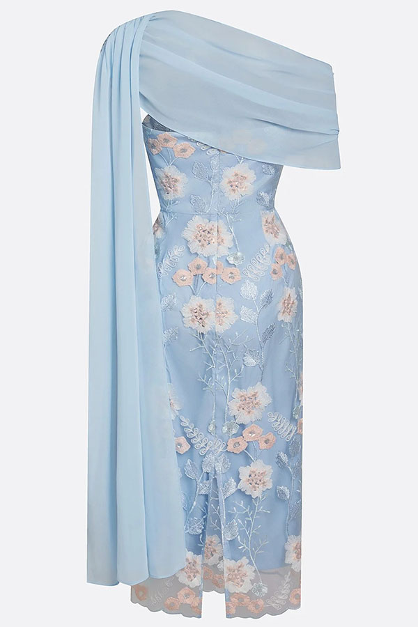 Ellie Ruched Drape Tulle One Shoulder Floral Embroidery Party Midi Dress | Consonak