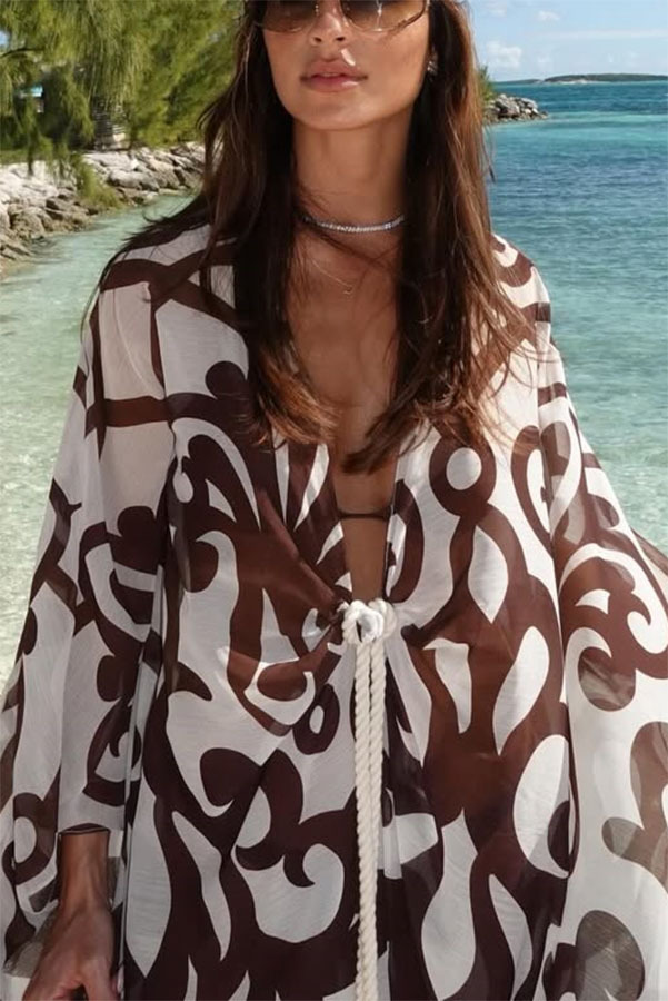 Summer Day Unique Print Rope Knotted Batwing Sleeve Oversized Cover-up Dress