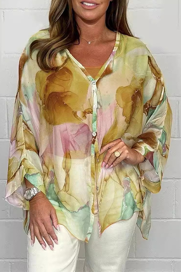 Unique Printed Long Sleeve V-neck Chiffon Loose Shirt-consonak