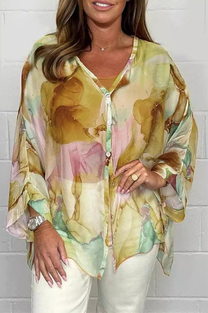 Unique Printed Long Sleeve V-neck Chiffon Loose Shirt-consonak
