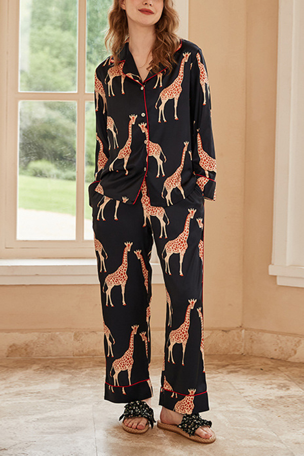 Giraffe Print Home Long-sleeved Two-piece Set | Consonak