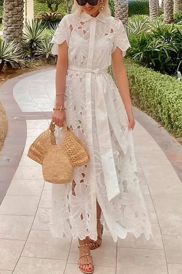 Dubai Style Floral Crochet Lace Short Sleeve Tie-up Shirt Maxi Dress-consonak