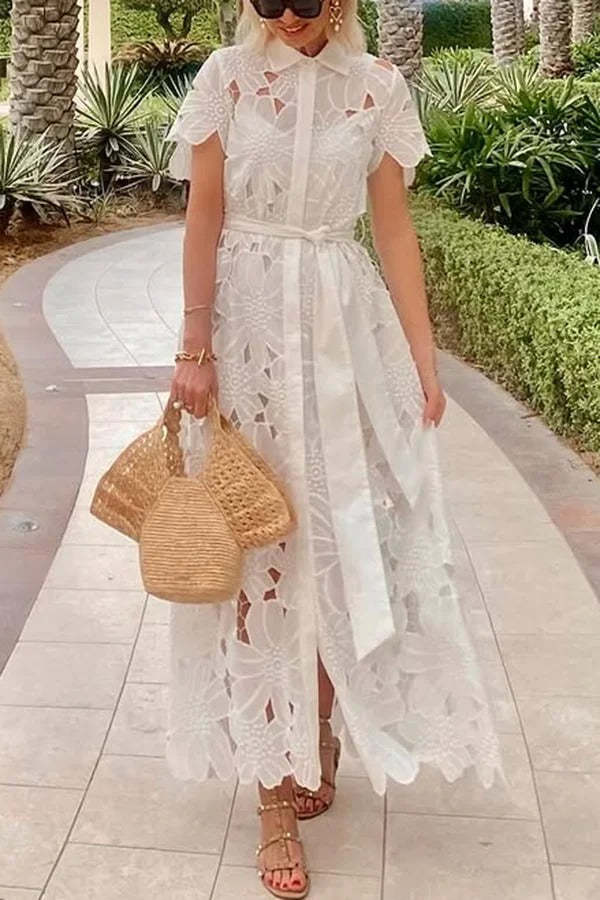 Dubai Style Floral Crochet Lace Short Sleeve Tie-up Shirt Maxi Dress-consonak