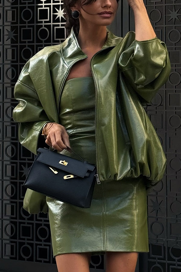 Solid Color Loose Long Sleeve Pocket Casual Leather Jacket-consonak