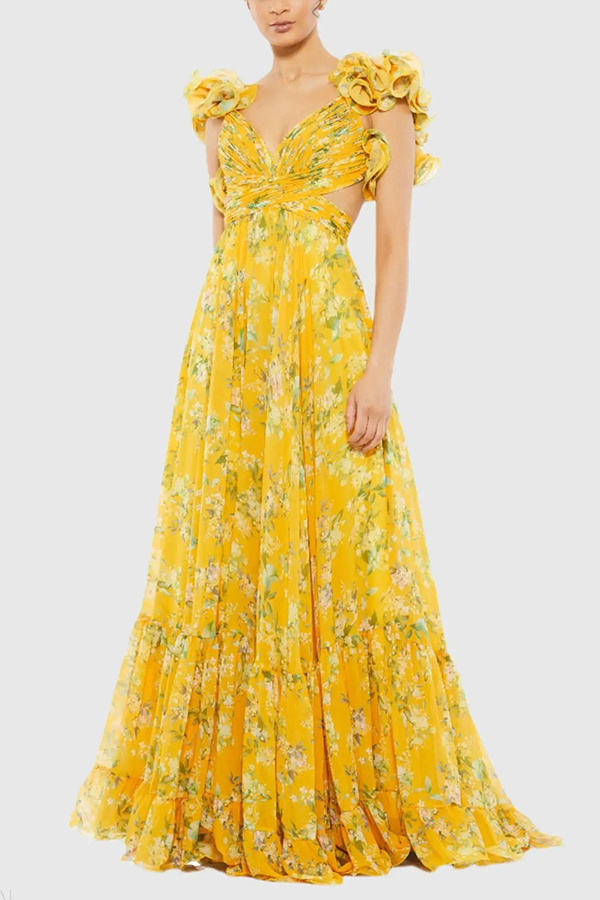 Delicate Garden Chiffon Floral Print Tiered Ruffle Cutout Back Lace-up Gown Maxi Dress
