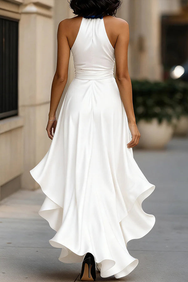 Solid Color Satin V-neck Sleeveless Elegant Ruffle Maxi Dress-consonak