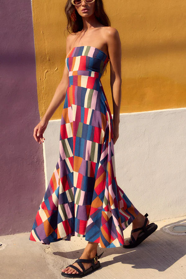 Retro Chic Linen Blend Colorful Color Block Strapless Back Smocked Midi Dress | Consonak
