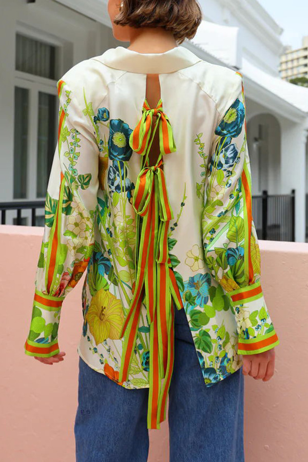Antibes Satin Floral Print Back Tie-up Button Down Oversized Blouse-consonak