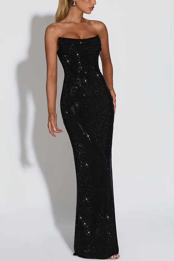 Mirabella Sequin Pleated Cowl Scooped Neckline Back Lace-up Strapless Maxi Dress | Consonak