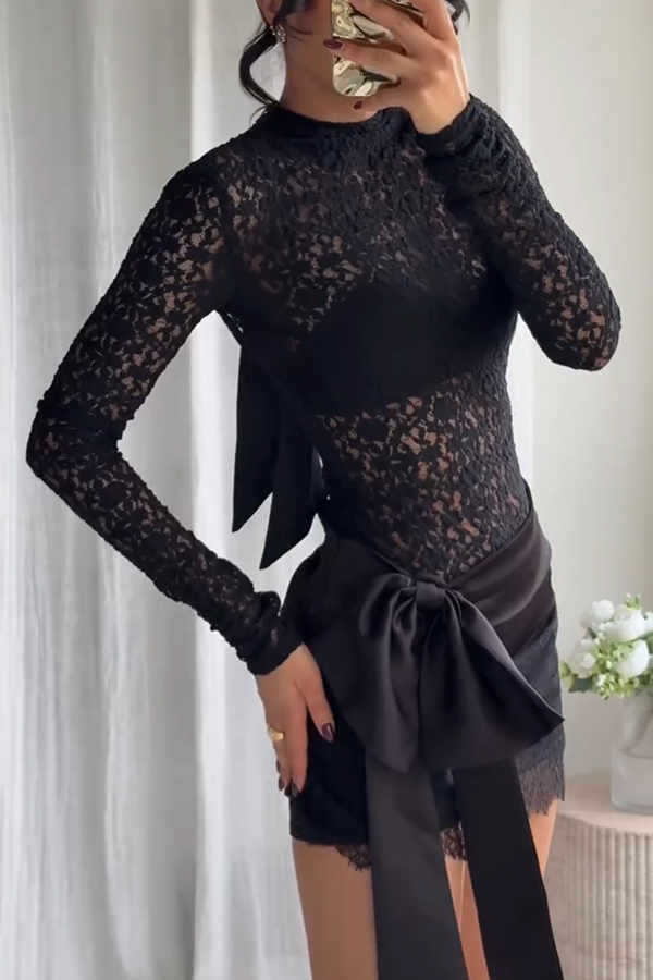Anna Semi-sheer Lace Long Sleeve Back Bow Tie-up Cutout Stretch Bodysuit | Consonak