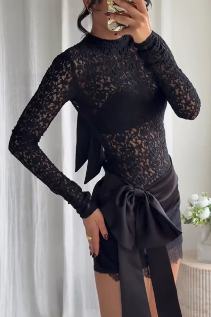 Anna Semi-sheer Lace Long Sleeve Back Bow Tie-up Cutout Stretch Bodysuit-consonak