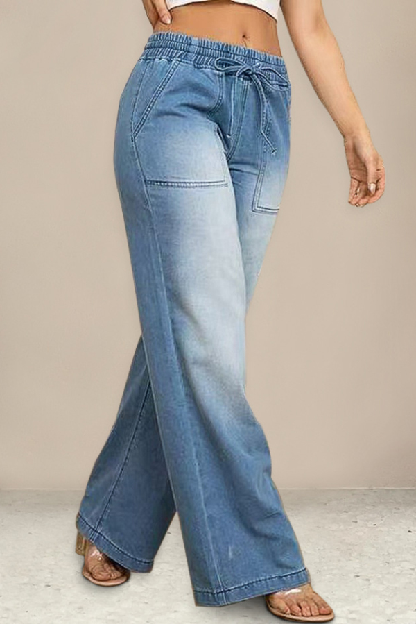 Stylish Elastic Waist Drawstring Pocket Casual Straight Wide-leg Jeans