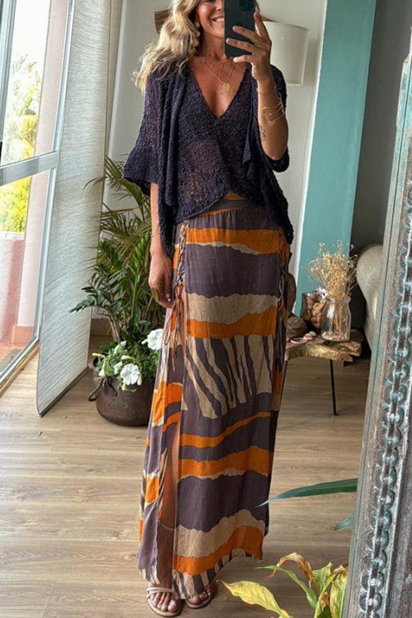 Bendita Colorblock Print Elastic Waist Side Lace-up Slit Maxi Skirt-consonak