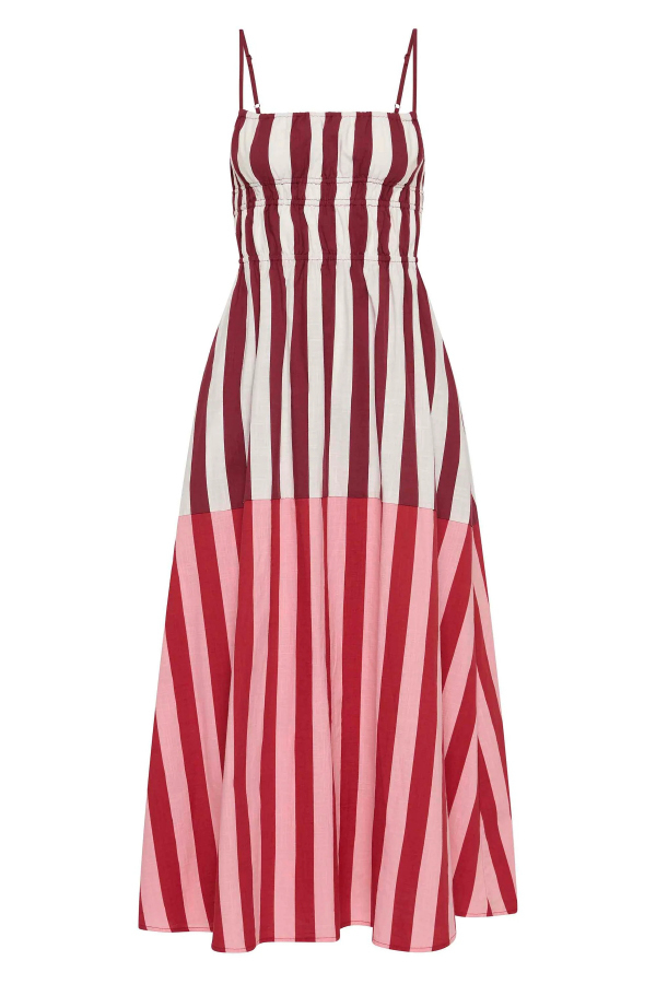 Striped Print Camisole Pleated Holiday Midi Dress-consonak