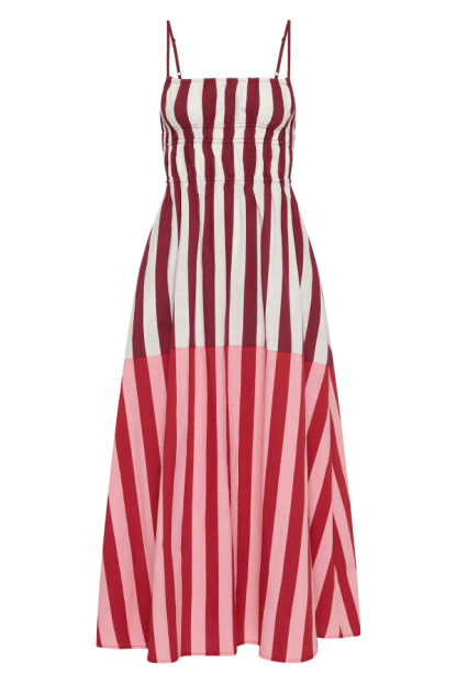 Striped Print Camisole Pleated Holiday Midi Dress-consonak