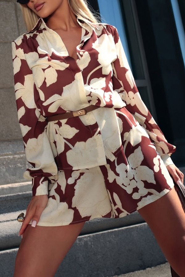 Botanical Print Collared Long-sleeved Loose-fitting Shirt and Elastic Waist Casual Shorts Set-Consonak