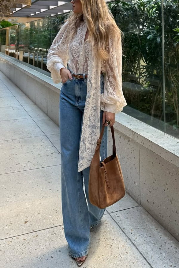 Solid Color Sheer Lace Elegant Ribbon Long-sleeved Shirt