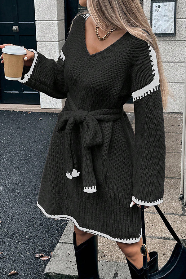 Stylish Loose-fitting Long-sleeved Tie-waist Knit Mini Dress-consonak