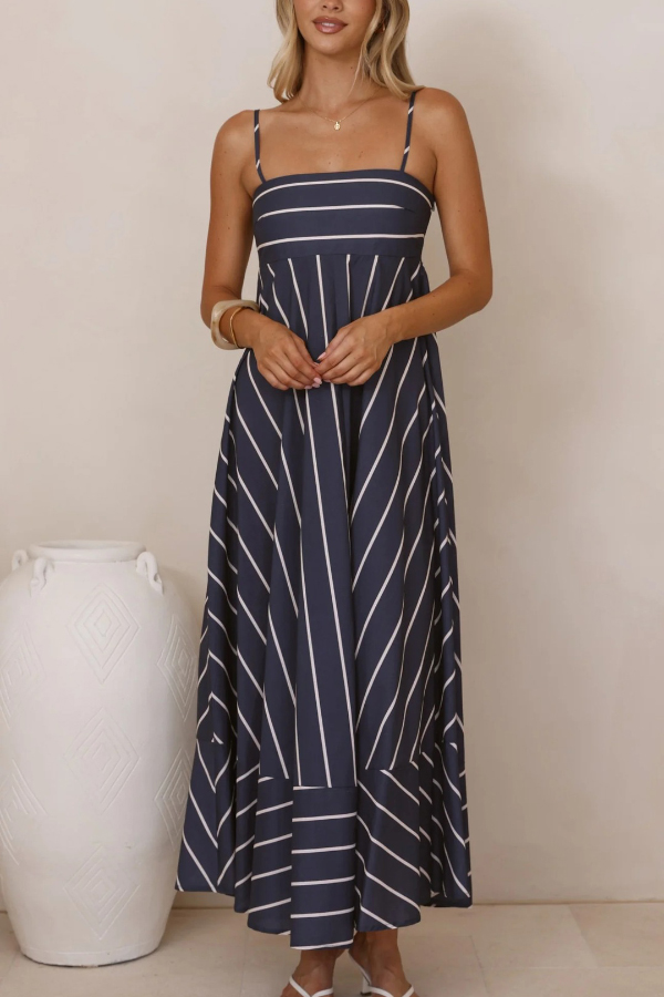 Striped Print Square Neck Spaghetti Strap High Waist Casual Maxi Dress-consonak