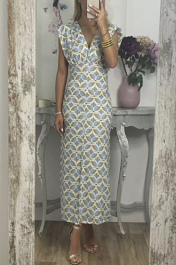 Forever Here Printed Padded Shoulder Front Center Slit Midi Dress-consonak